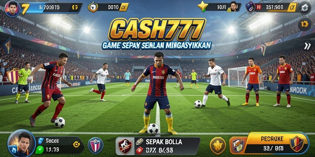 Screenshot utama CASH777 menampilkan aksi pertandingan sepak bola yang mendebarkan.